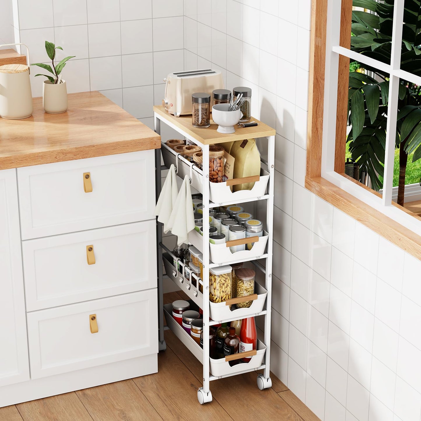 Landmok 5-Tier Slim Storage Cart, Wooden Top Rolling Kitchen Cart with Pull-Out Baskets & Wheels