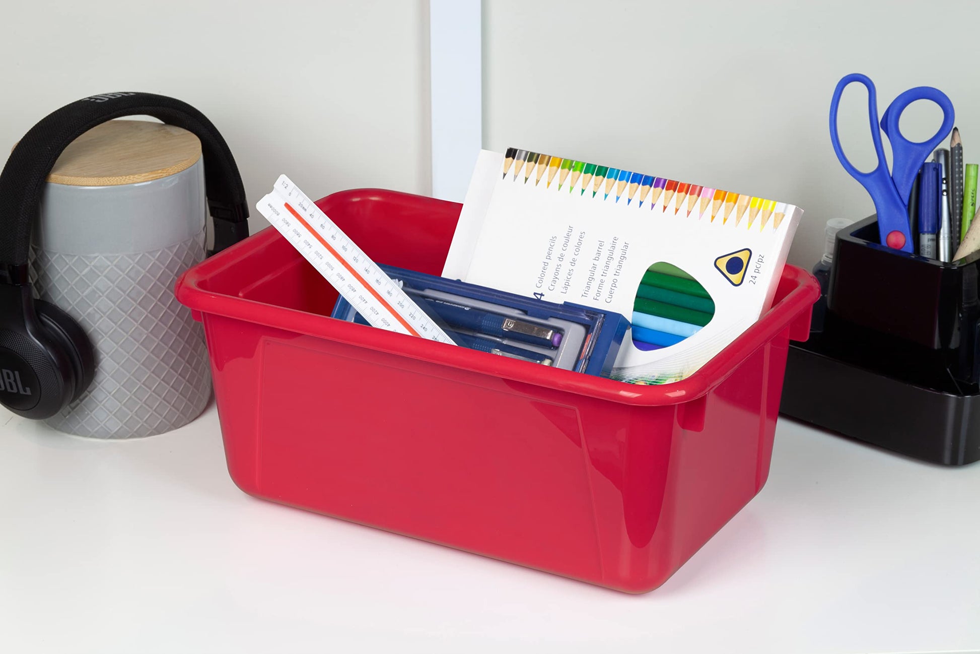 Storex Small Cubby Bins – Plastic Storage Containers for Classroom with Non-Snap Lid, 12.2 x 7.8 x