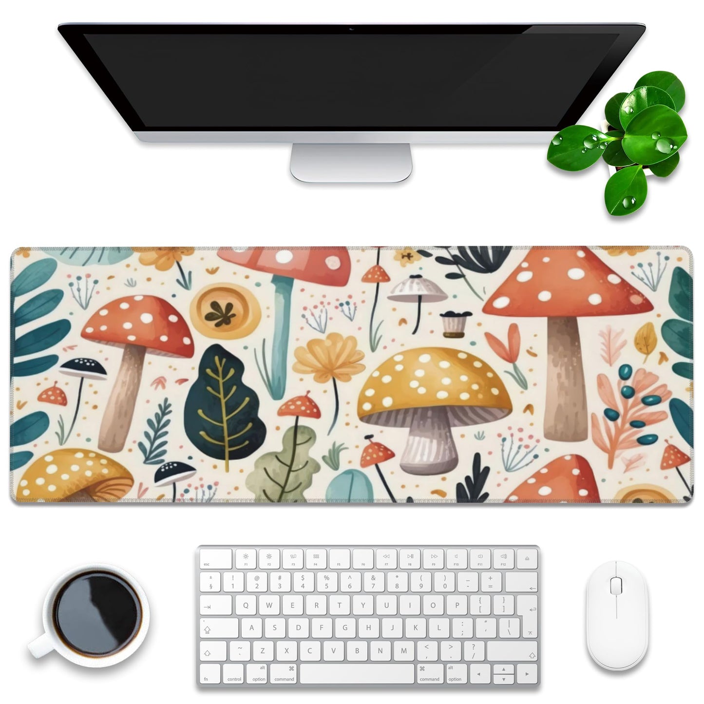 Desk Pad, Hand Drawn Charming Mushroom and Leaves Extended Gaming Mouse Pad Large, 31.5"x11.8" Big