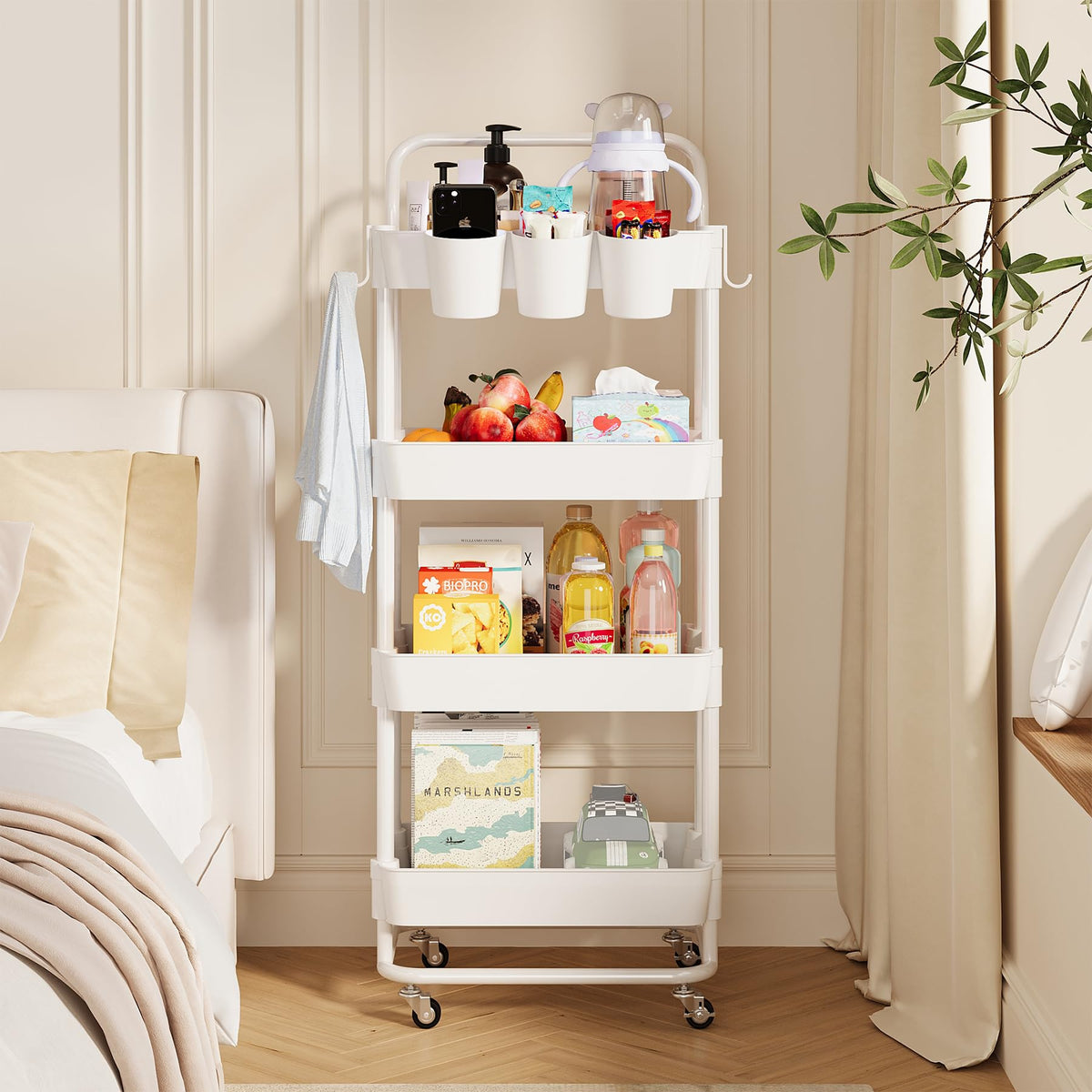Buzowruil 4-Tier Rolling Utility Cart, Storage Cart with Handle Multi-Purpose and Locking