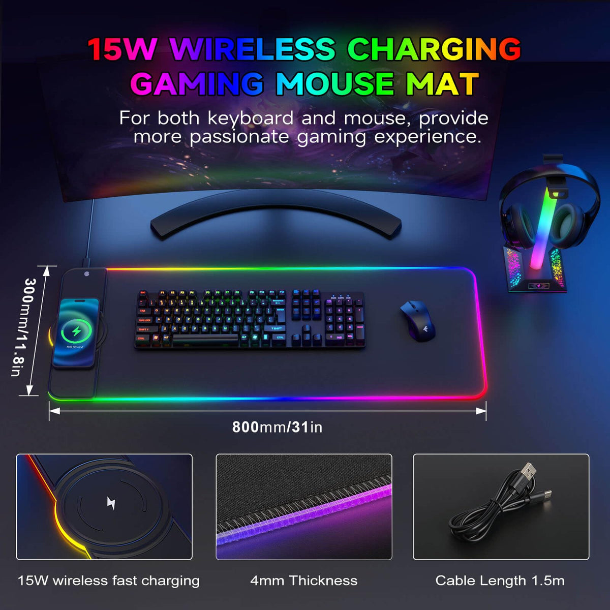Charging RGB Gaming Mouse Pad - Wireless 15W Mousepad LED Extra Large Mouse Mat 80 * 30cm, 10 Light
