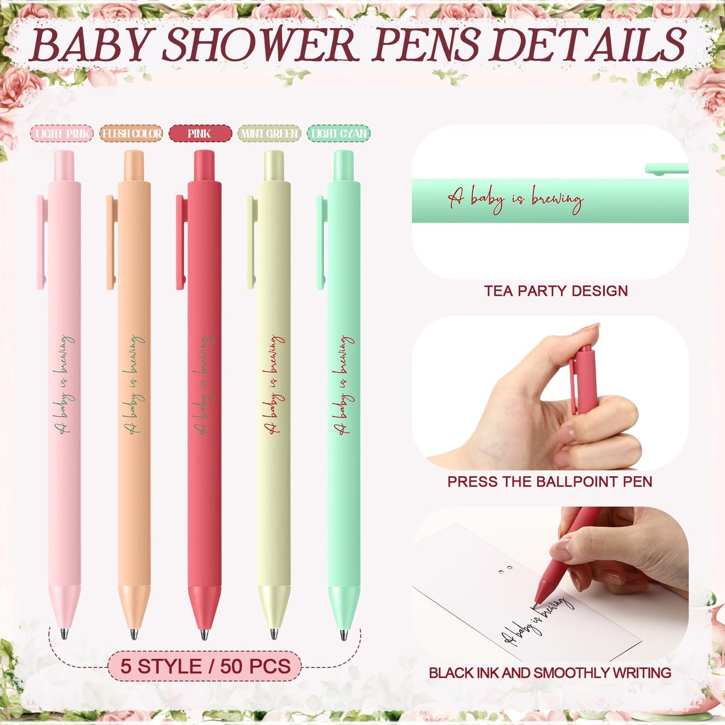 Engrowtic 50 Set Baby Shower Gifts Pens for Guest A Baby is Brewing Tea Party Favors Retractable