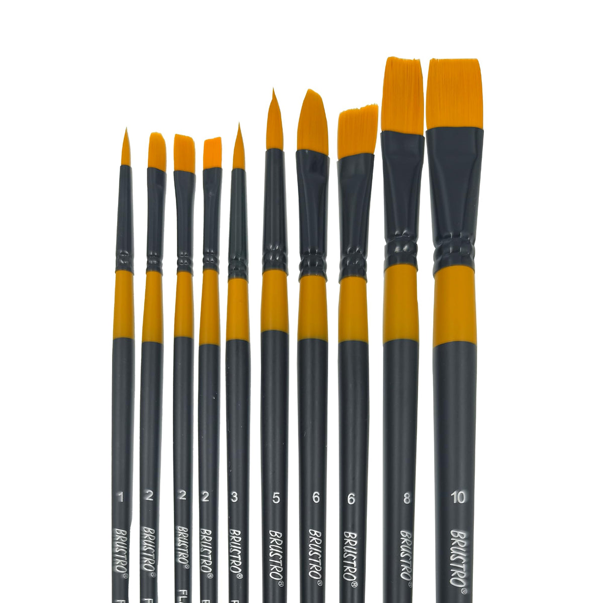 BRUSTRO Artists Gold Taklon Set Of 10 Brushes For Acrylics, Oil And Watercolour. Gold Taklon Set of