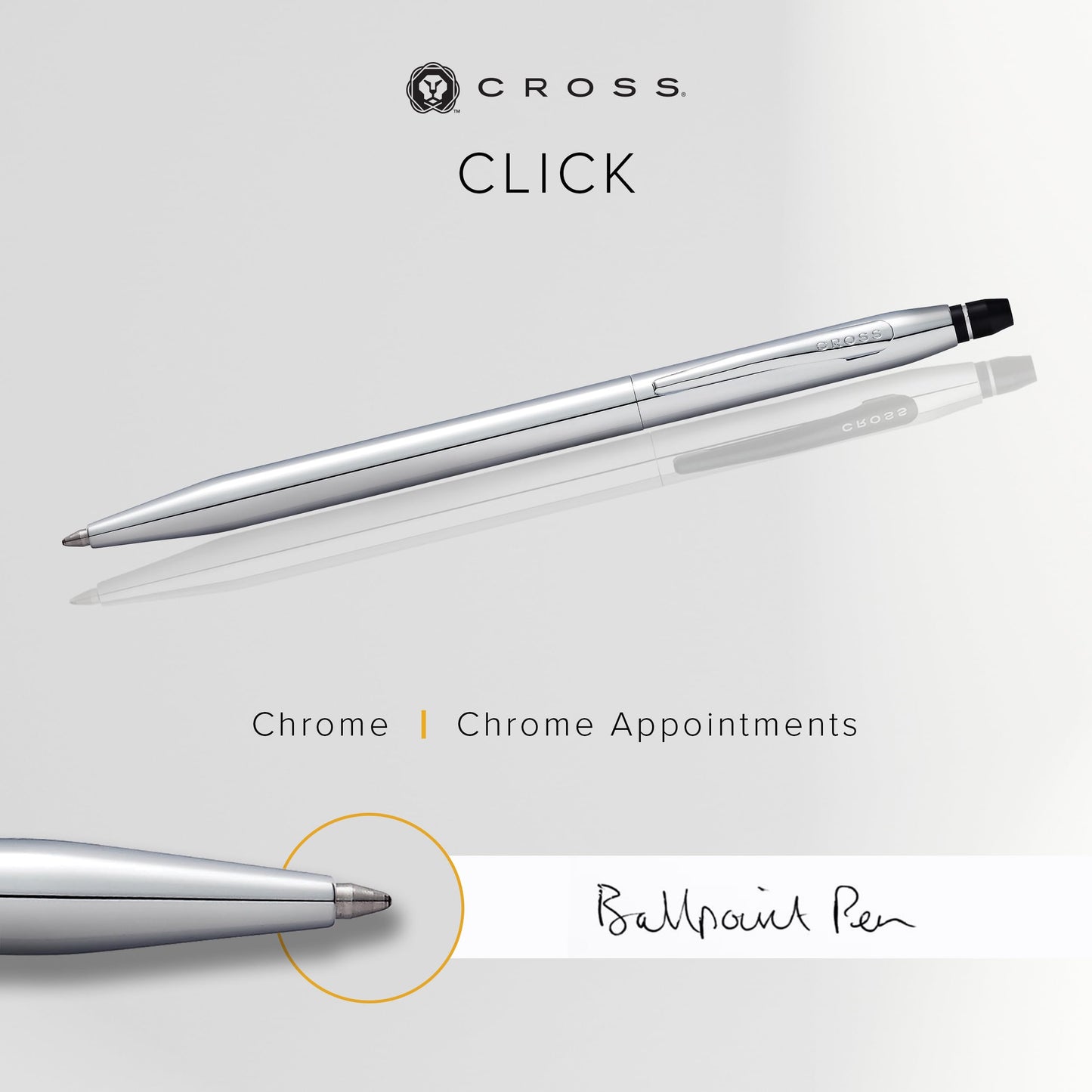 Cross Click Polished Chrome Ballpoint Pen, Black Contrasting Clicks, High-End Pen, Smooth Writing
