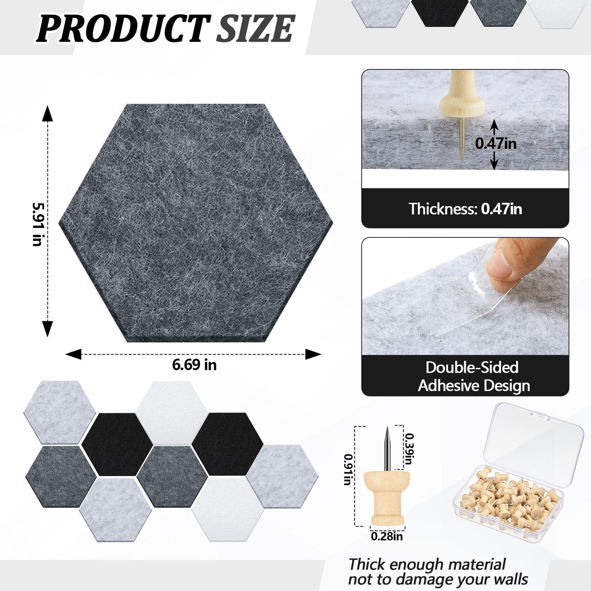 6.7 x 5.9 in 16 Pcs Hexagon Cork Board Tiles, Felt Pin Boards, Grey