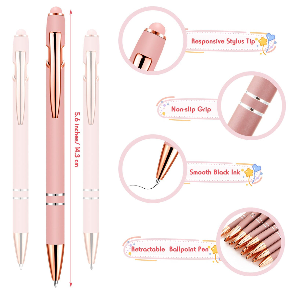 Yeaqee 100 Pieces Ballpoint Pen Bulk with Stylus Tip Click, Rose Gold