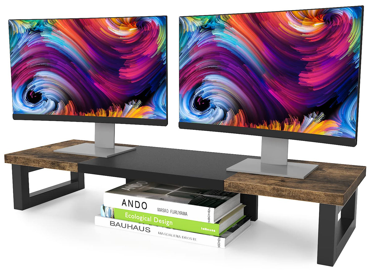 WESTREE Dual Monitor Stand Riser, Wood and Steel Multi-Purpose Desktop Storage Stand for 2 Monitors