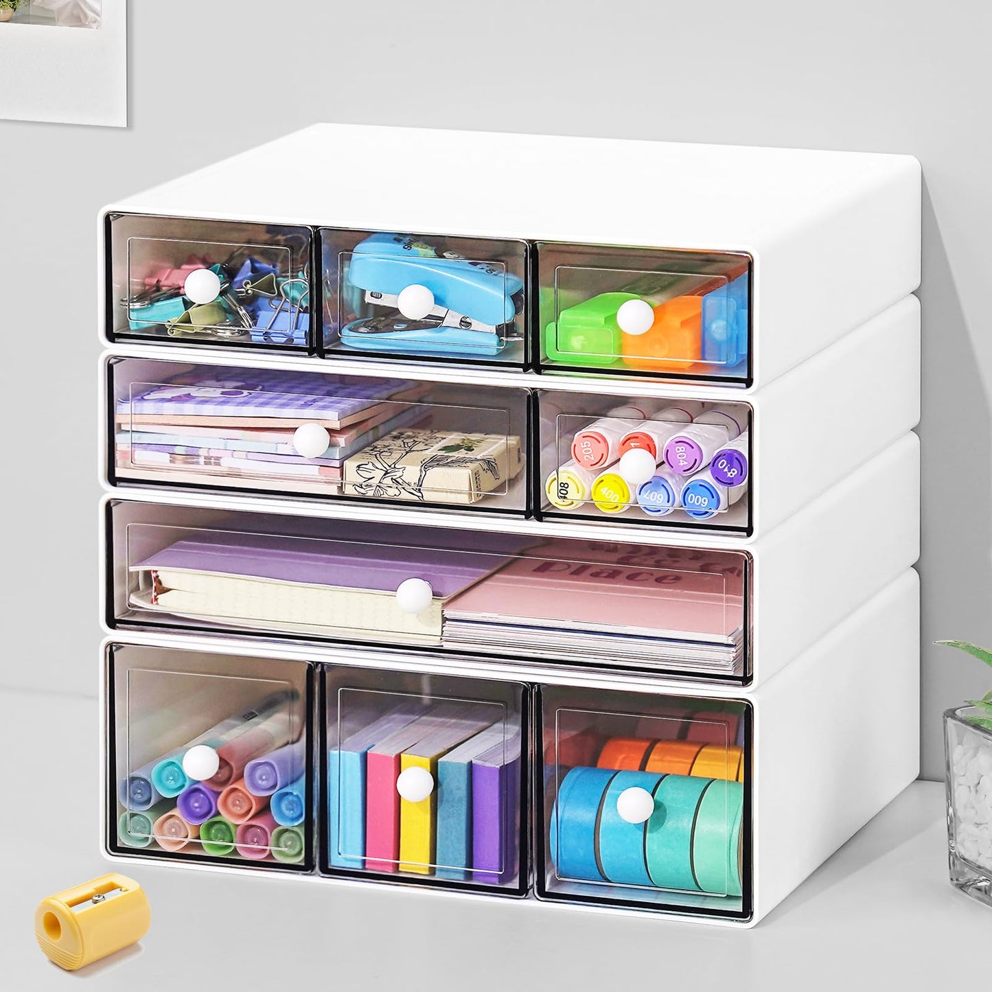 MYKASEN Desk Organizer with 9 Drawers, 4 Tier Plastic Stackable Storage Drawers for Desk Storage