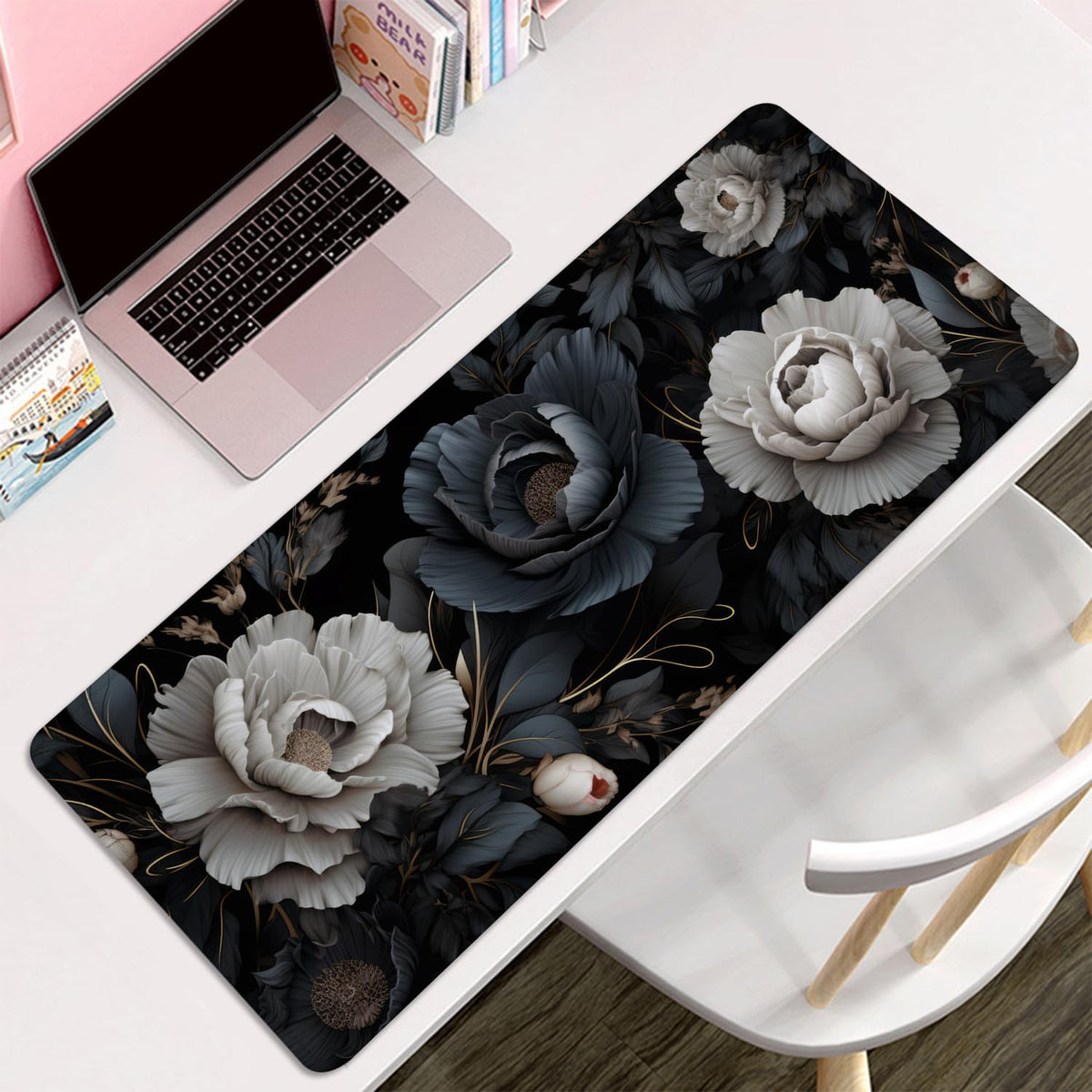 Black and White Mouse Pad,Floral Mouse Pad Desk Mat,Large Mousepad
