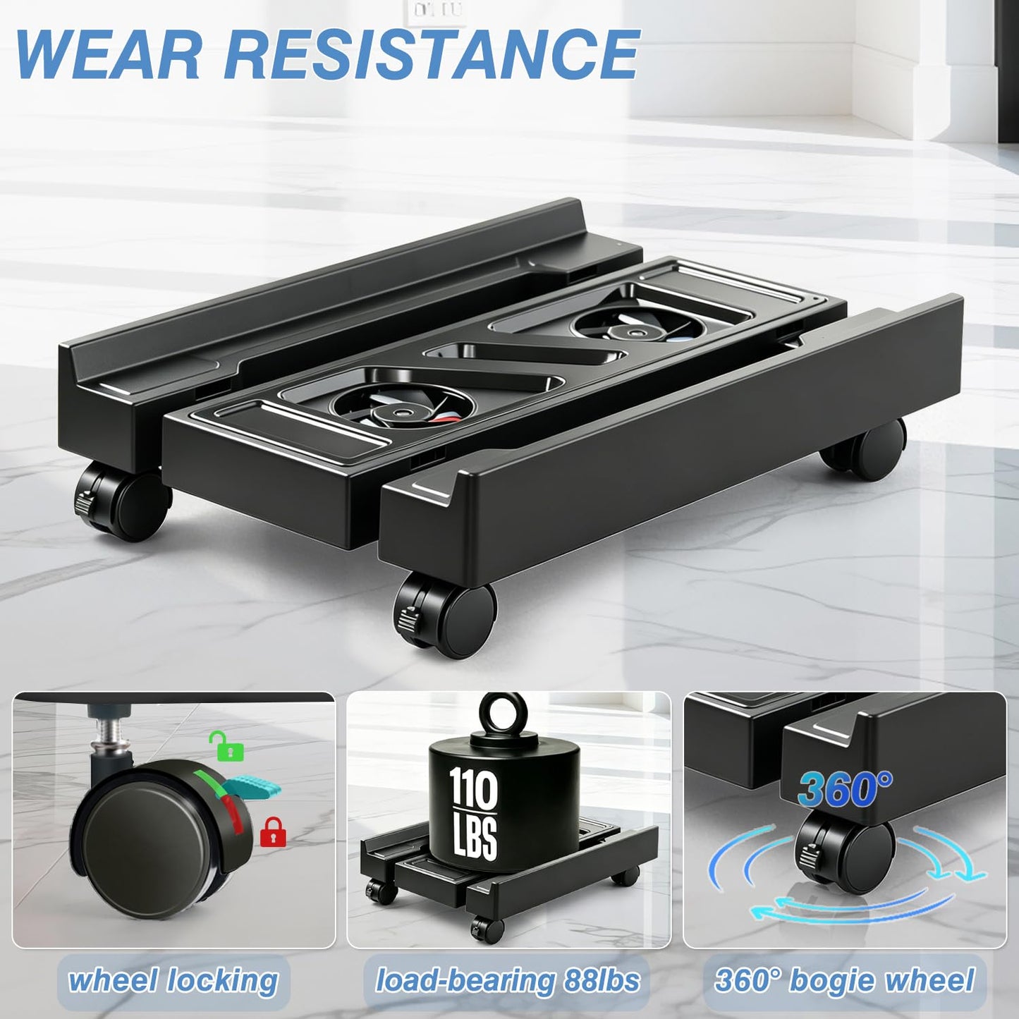 Hmseng PC Stand for PC Tower With F, Computer Desktop Stand with 4 Lockable Castors, Universal