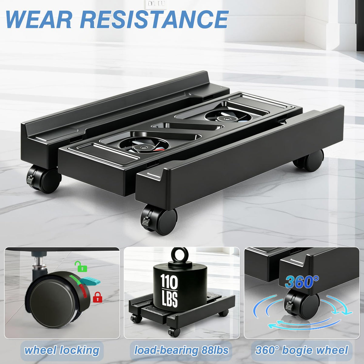 Hmseng PC Stand for PC Tower With F, Computer Desktop Stand with 4 Lockable Castors, Universal