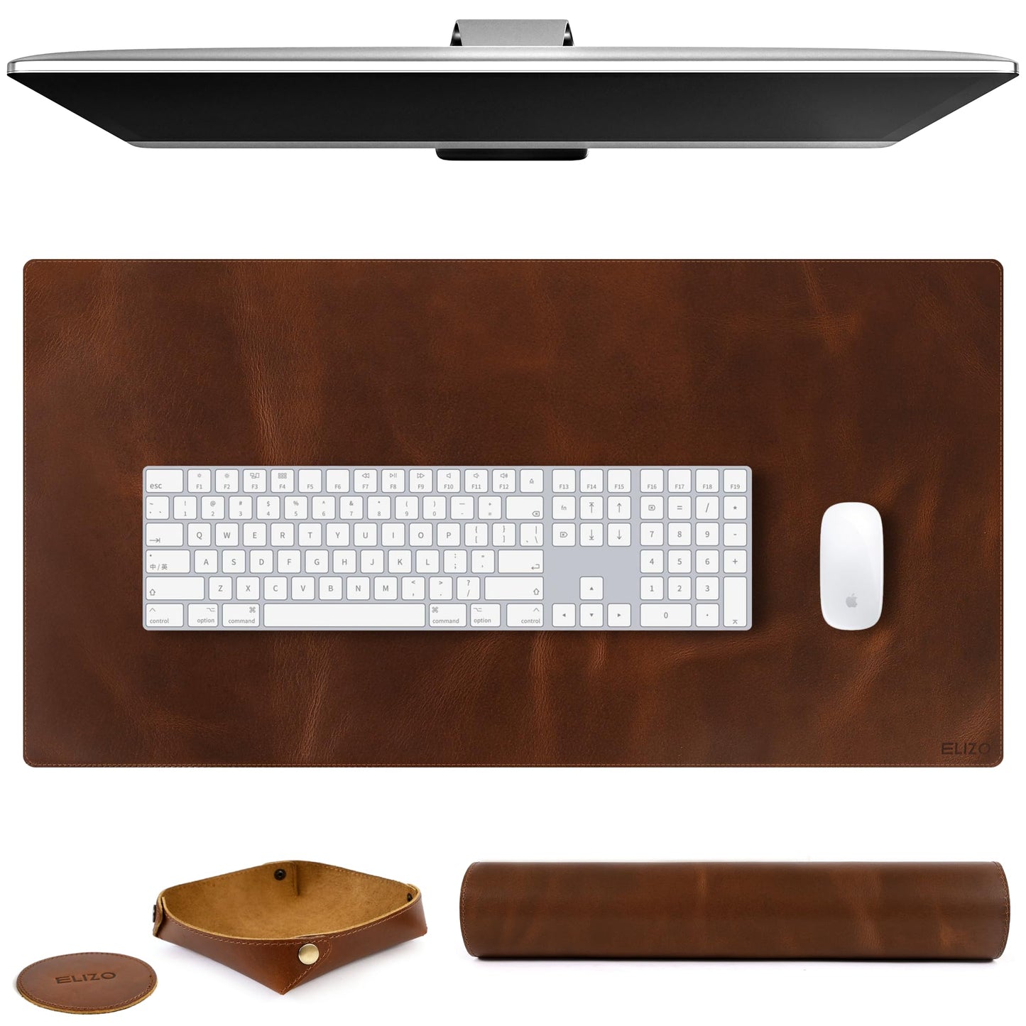Elizo Real Leather Desk Mat Set (32x16) Large Desk Cover Desk Blotter Protector Computer Gaming