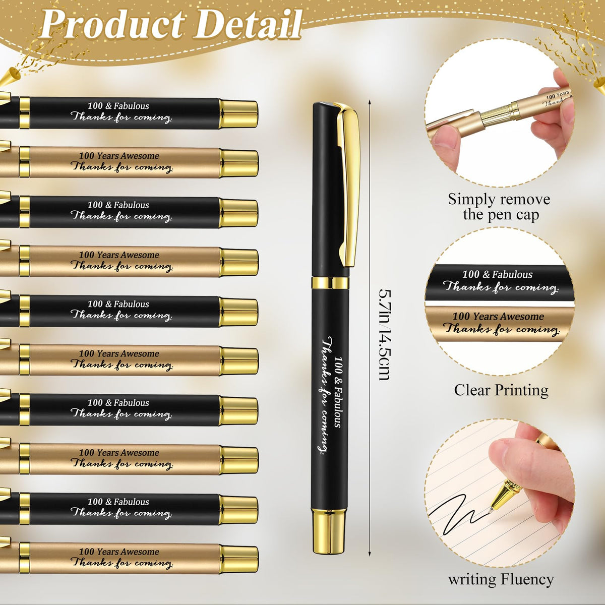 Feifeiya 50 Set 100th Birthday Favors with Black Gold Pens Cards