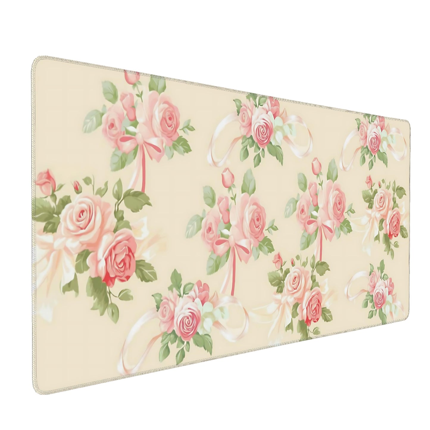 Cute Floral Aesthetic Rose Gaming Mouse Pad, Pink Macaron Desk Mat with Anti-Slip Base & Stitched