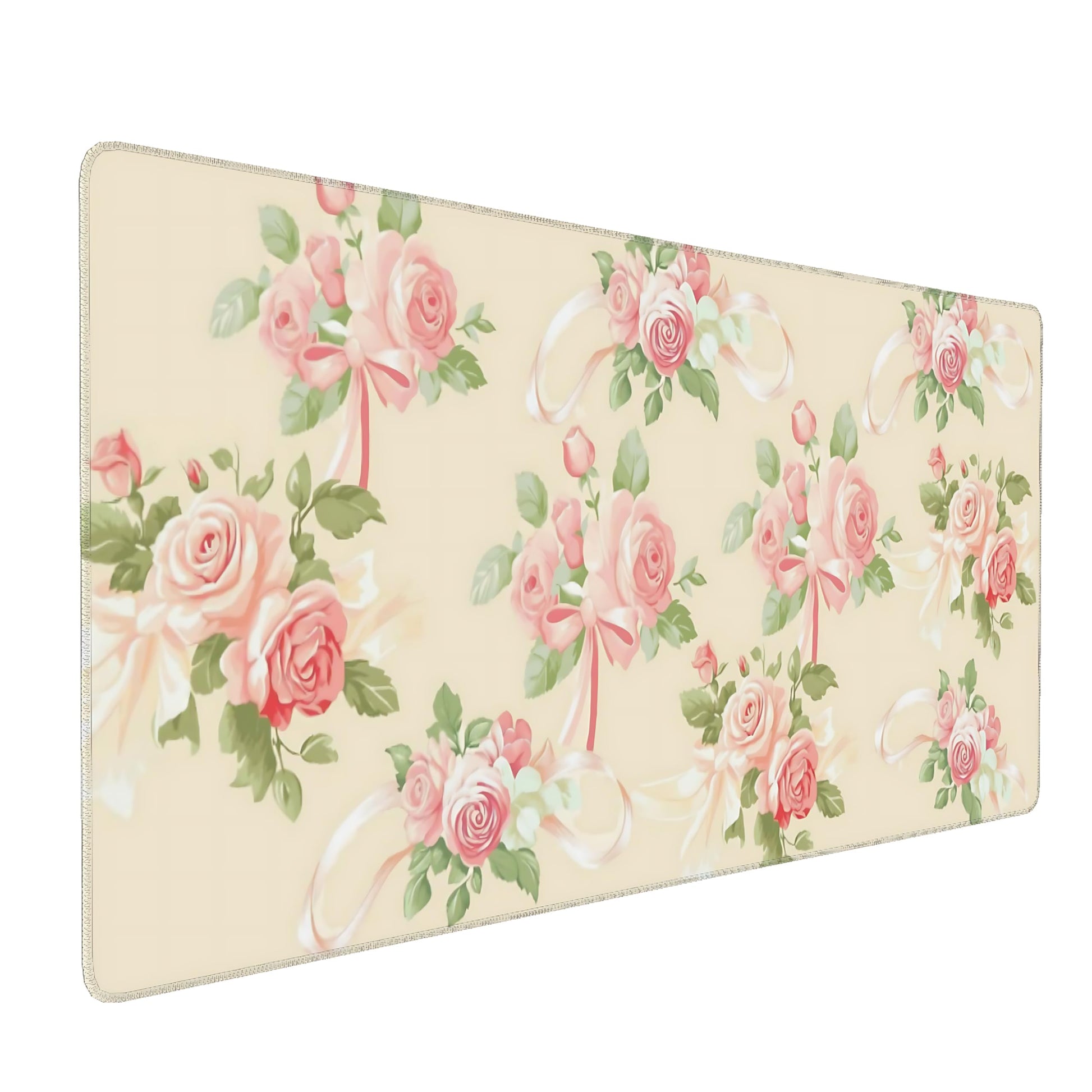 Cute Floral Aesthetic Rose Gaming Mouse Pad, Pink Macaron Desk Mat with Anti-Slip Base & Stitched