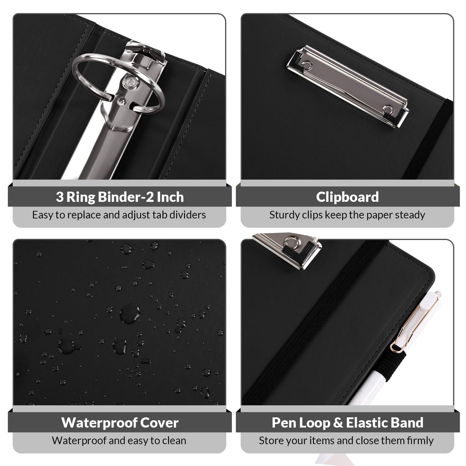 SKYDUE 3 Ring Binder with Clipboard, 2 Inch PU Heavy Duty Binder with Notepad & 5 Dividers with 5