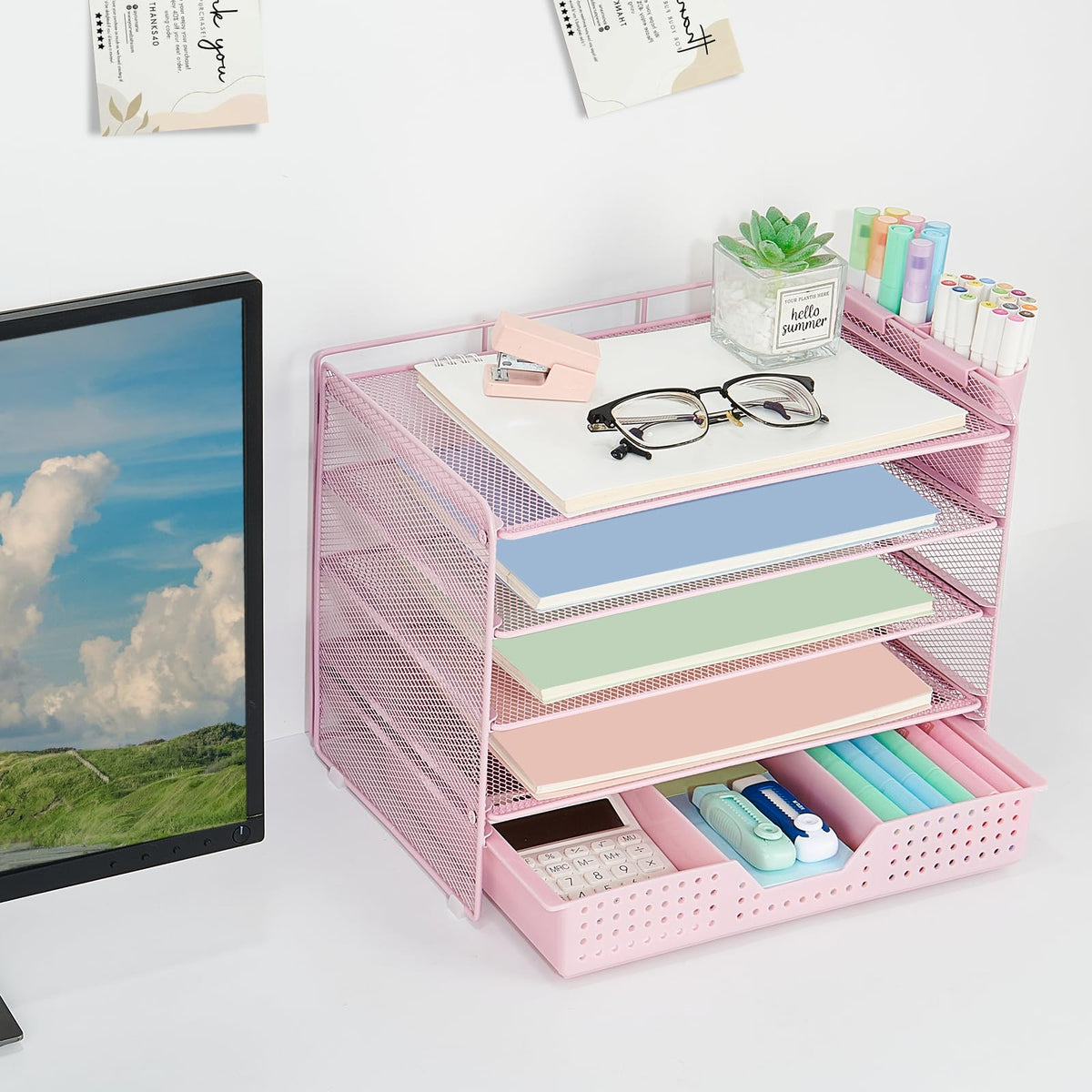 LEKETREE Desk Organizers and Accessories, 5-Tier Paper Letter Tray Organizer with Drawer & 2 Pen