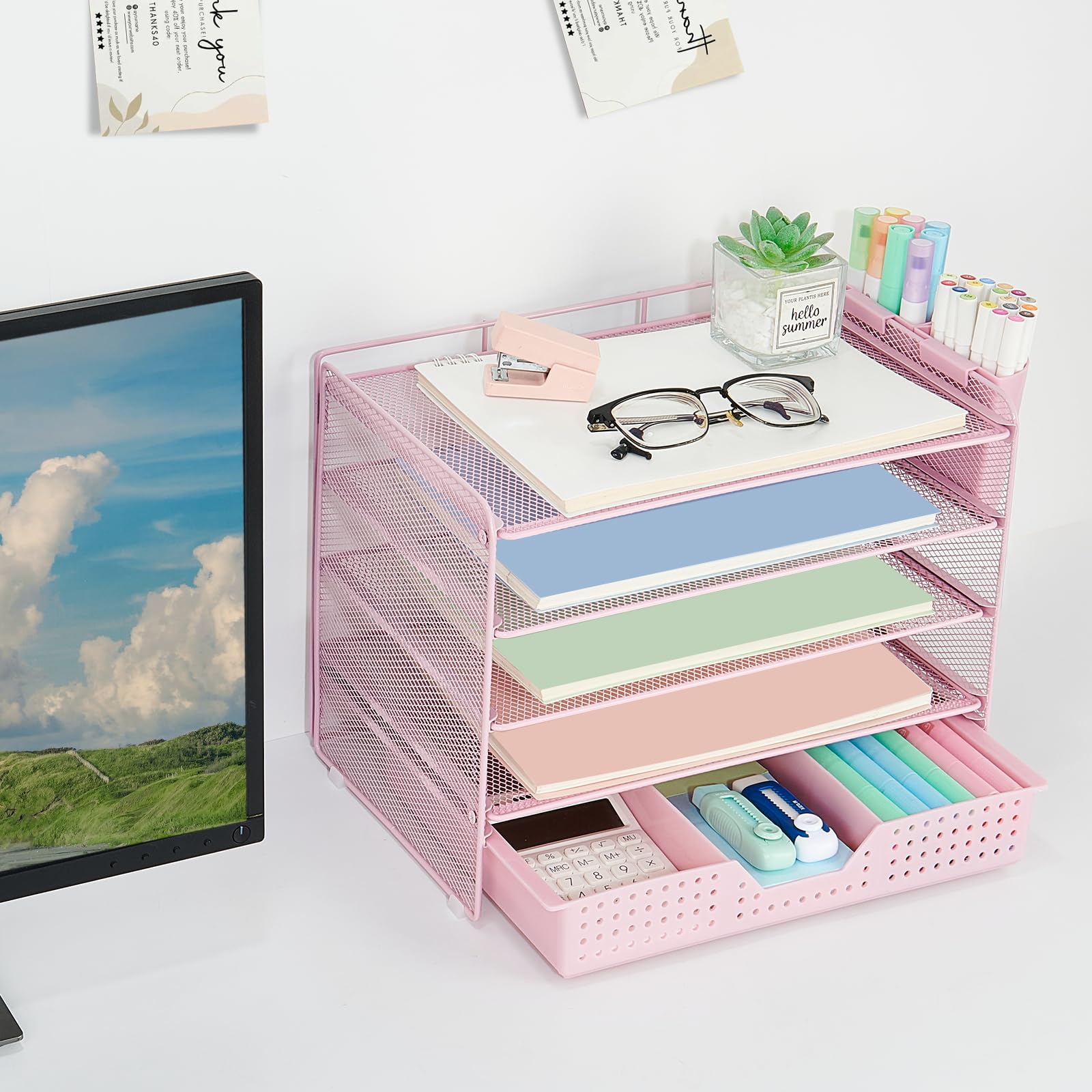 LEKETREE Desk Organizers and Accessories, 5-Tier Paper Letter Tray Organizer with Drawer & 2 Pen