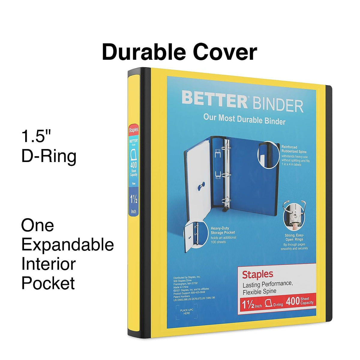 Staples Better Binder, 1.5 Inch D-Ring, Yellow, 400 Sheets, 3-Pack