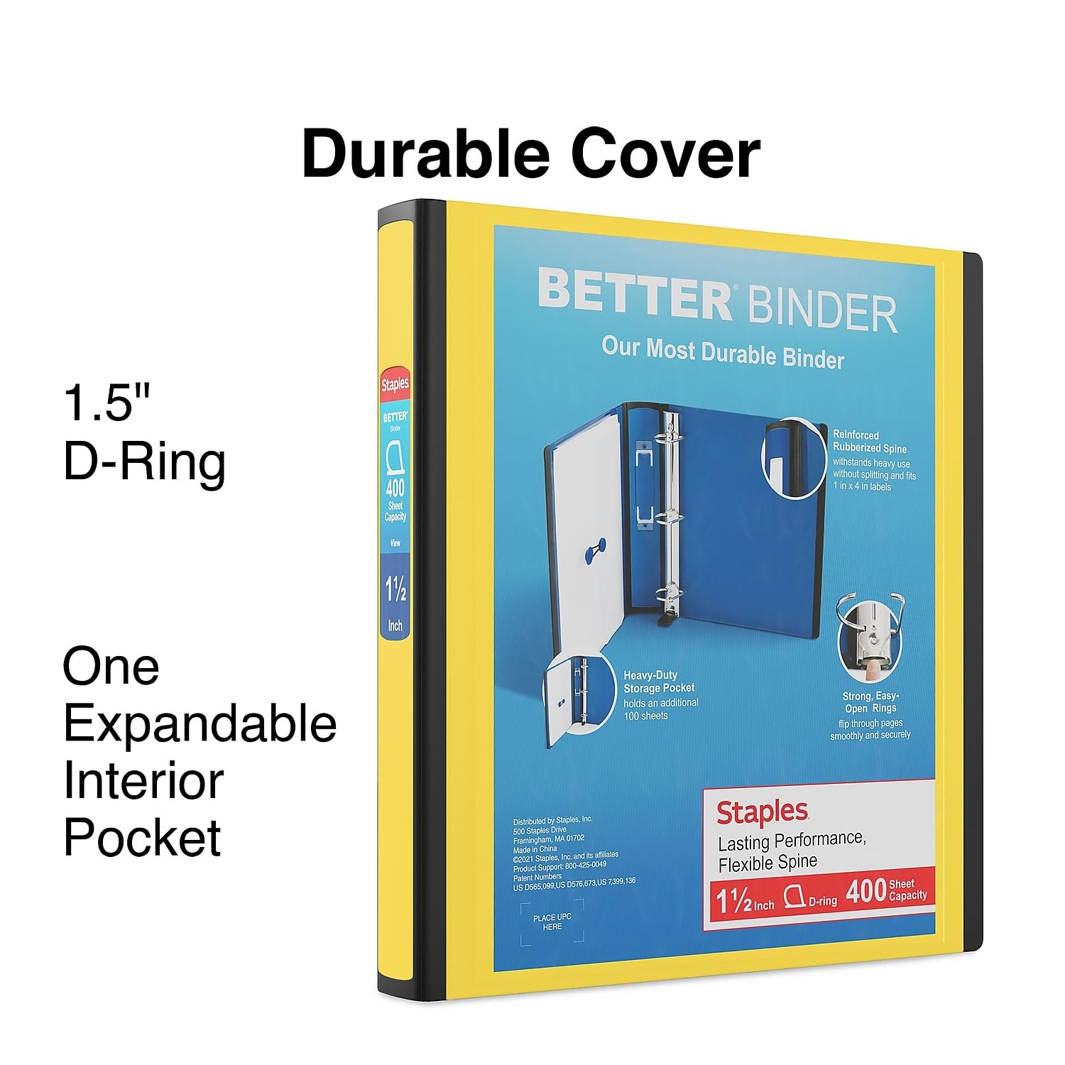 Staples Better Binder, 1.5 Inch D-Ring, Yellow, 400 Sheets, 3-Pack