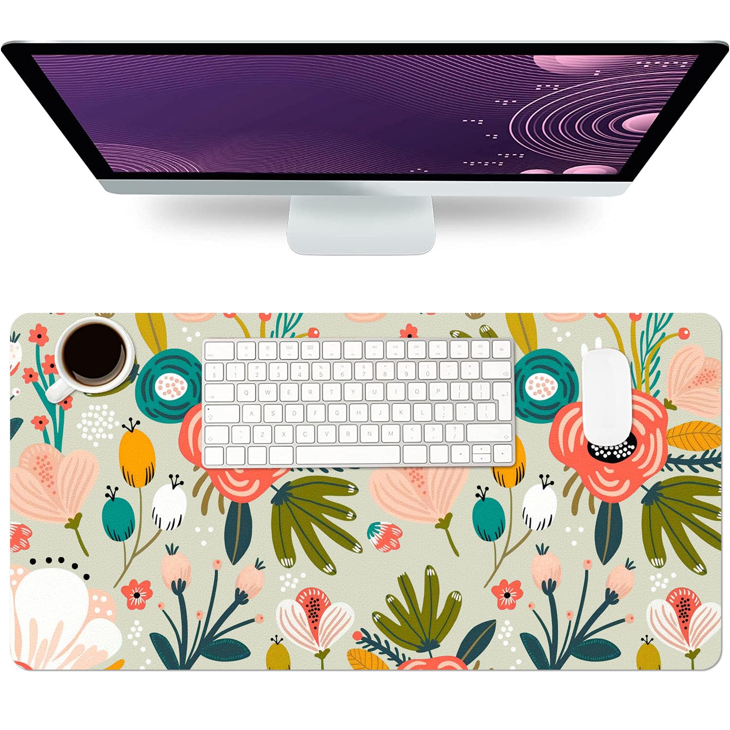 Floral Desk Mat, Large Non-Slip Leather Desk Pad Green 23.6"x11.8"