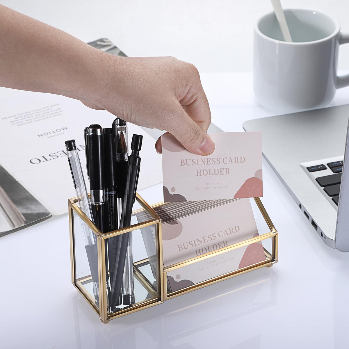 Hipiwe 2 Slots Glass Business Card Holder with Pen Pencil Cup, Gold