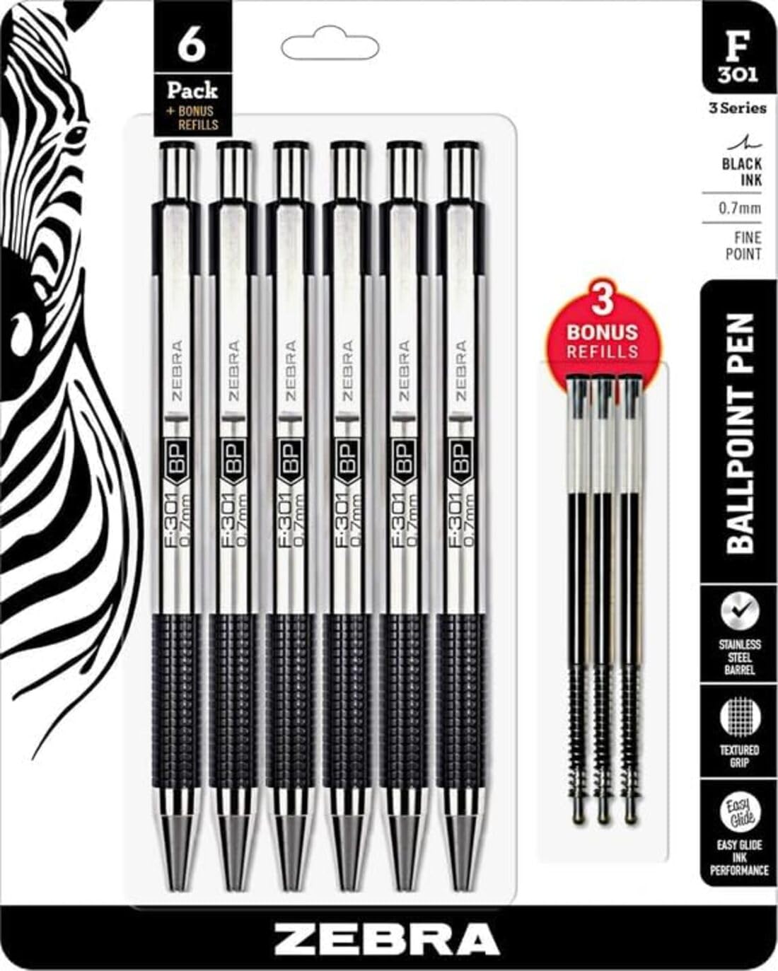 Zebra Pen F-301 Retractable Ballpoint Pen, Stainless Steel Barrel, Fine Point 0.7mm, Non-Slip Grip