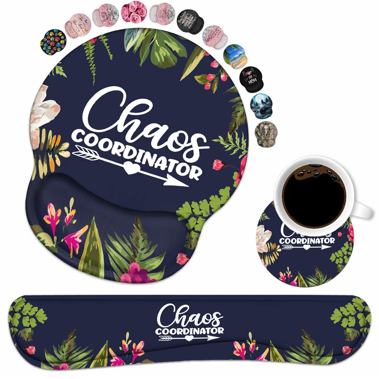 Keyboard Wrist Rest and Mouse Pad Wrist Support Set with Coasters, Chaos Coordinator Quotes Colored