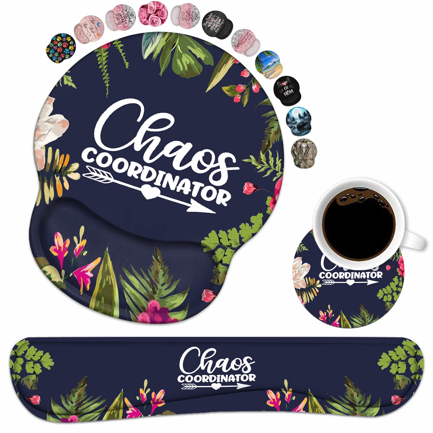 Keyboard Wrist Rest and Mouse Pad Wrist Support Set with Coasters, Chaos Coordinator Quotes Colored