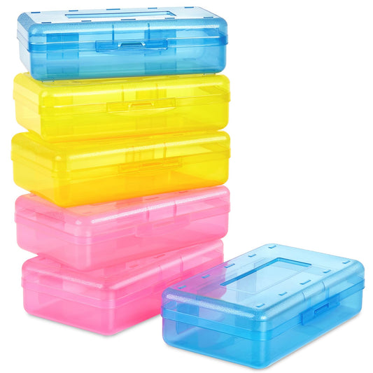 Sooez Plastic Pencil Case Box 6 Pack, Colored Large Craft Storage Bulk