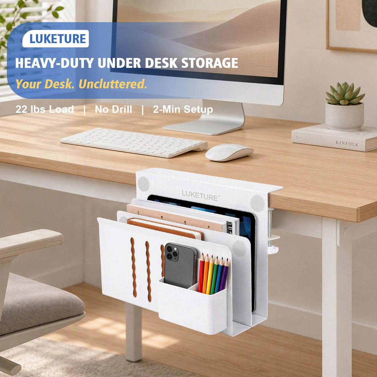 LUKETURE Desk Side Storage, 2 Tier Under Desk Laptop Mount with Pen Slot