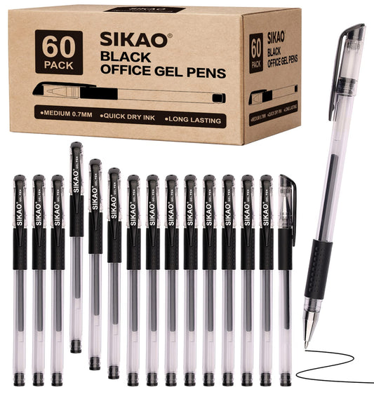 Sikao Black Gel Pens Bulk, 60 Pack 0.7mm Fine Point Gel Ink Rollerball Pens, Smooth Quick-Dry Black