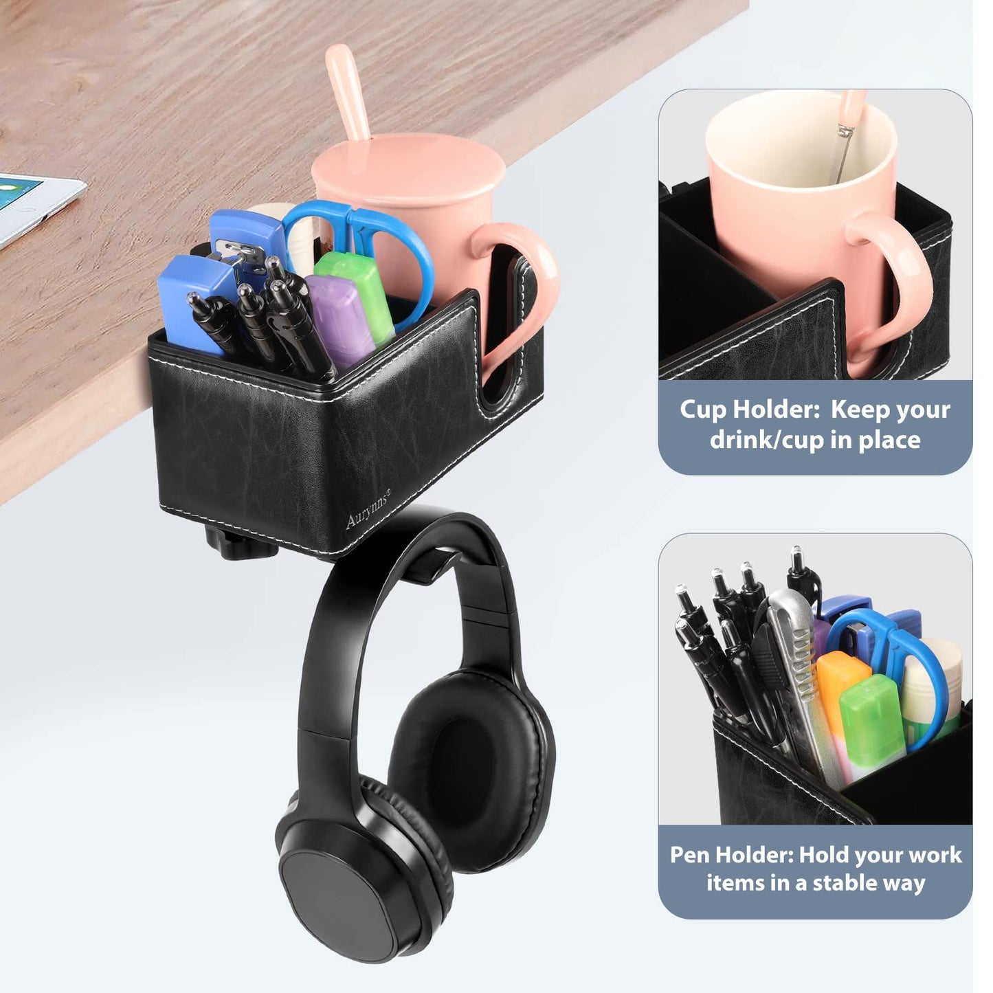 Under Desk Cup Holder Clamp on Cup Holder PU Leather Clip on Desk Organizer
