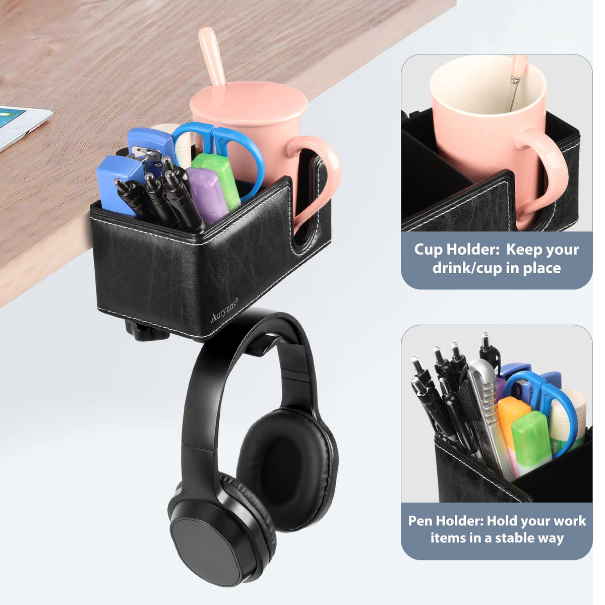Under Desk Cup Holder Clamp on Cup Holder PU Leather Clip on Desk Organizer