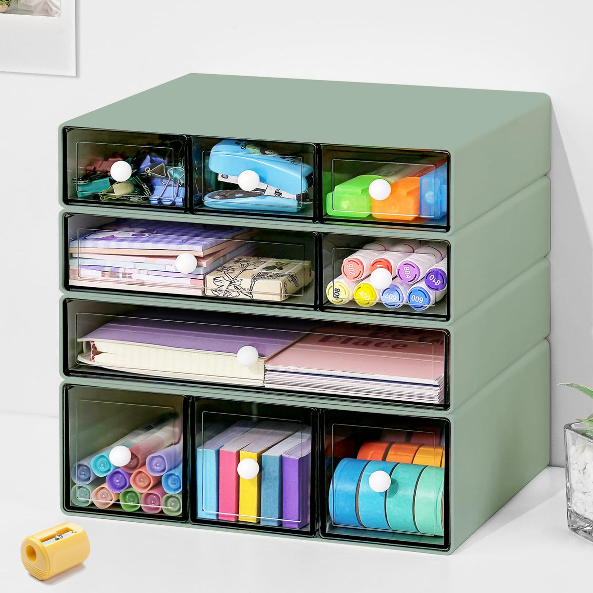 MYKASEN Desk Organizer with 9 Drawers, 4 Tier Plastic Stackable Storage Drawers for Desk Storage