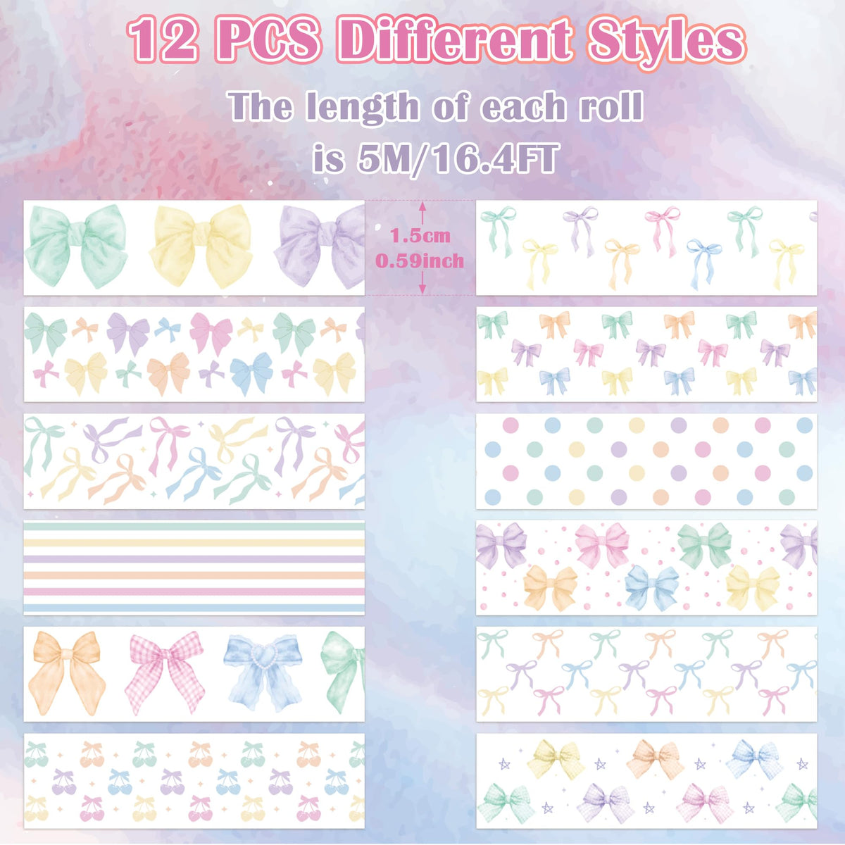 BkeeCten Watercolor Bow Washi Tape - 12 Rolls Colorful Watercolor Bow Pastel Preppy Aesthetic
