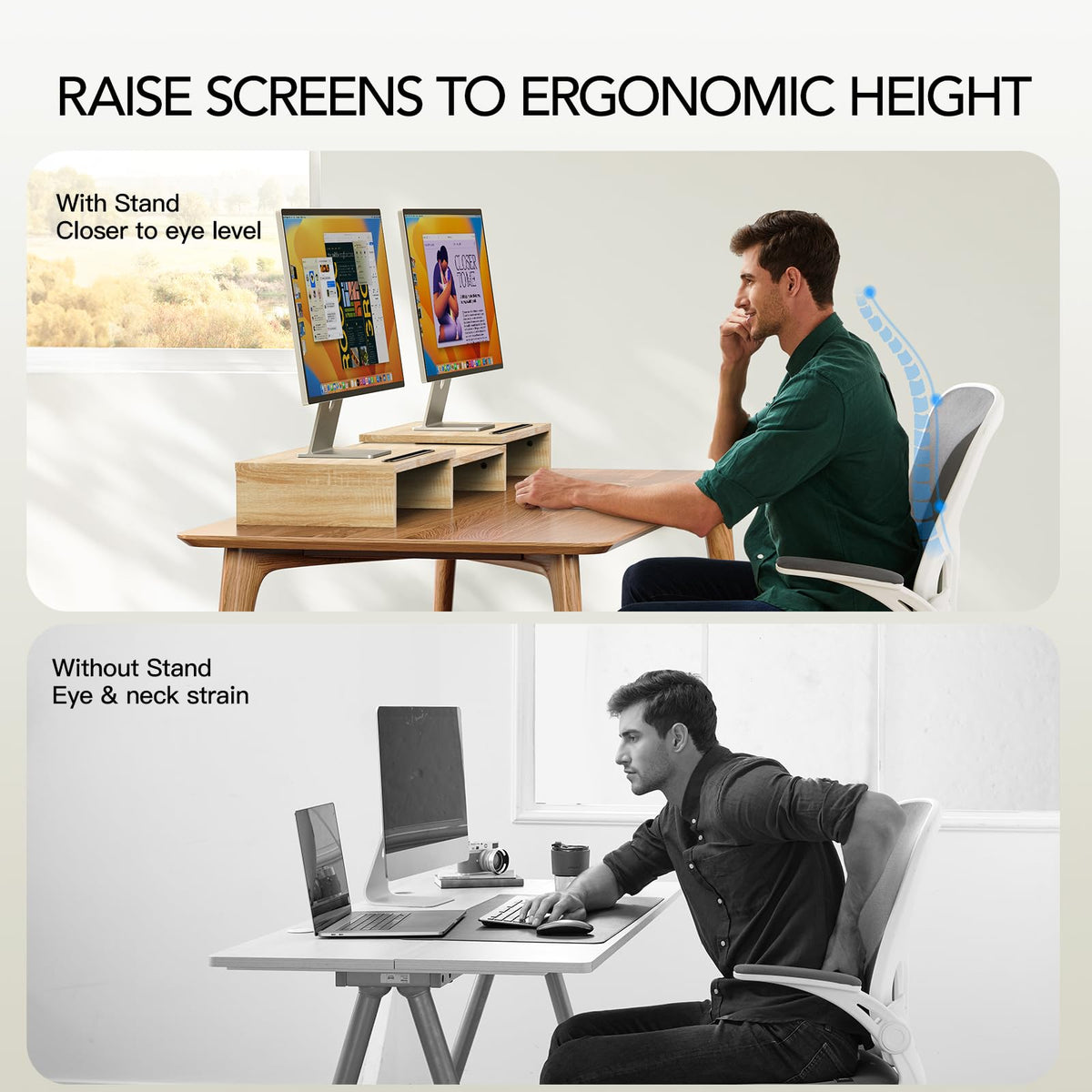 AMERIERGO Dual Monitor Stand Riser- 3 Shelf Screen Stand with Adjustable Length and Angle, 2 Extra