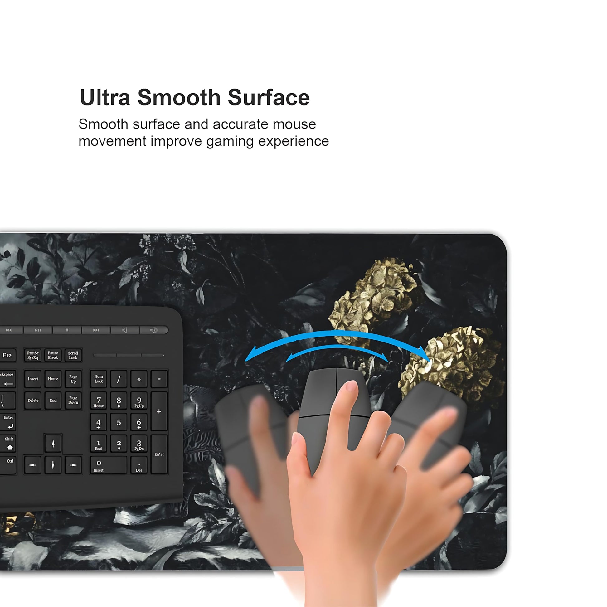 Aesthetic Skull Gaming Mouse Pad, Black Gold Dark Epic Desk Mat with Anti-Slip Base & Stitched