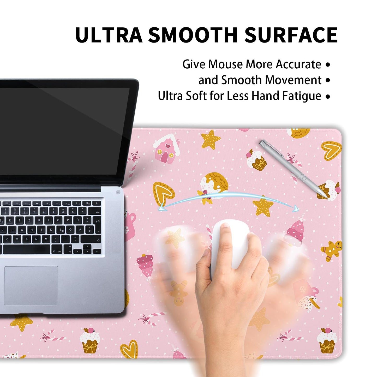 Pink Christmas Gaming Mouse Pad XXL Cute Kawaii Cupcake Gingerbread Extended Big Large Desk Mat