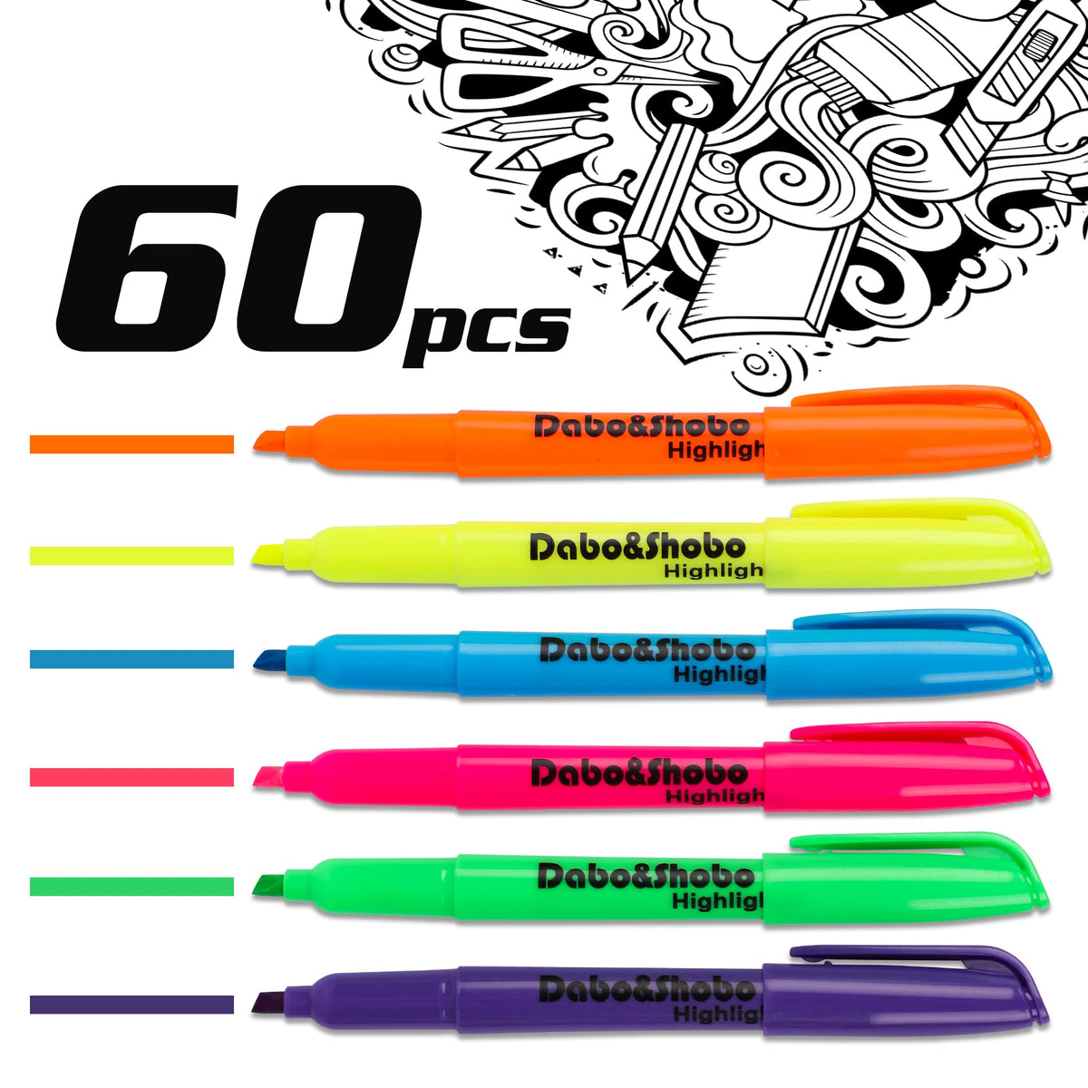 Dabo&Shobo Highlighters, 60 Bulk Pack Highlighter, Assorted Colors, Chisel Tip, Quick Drying For