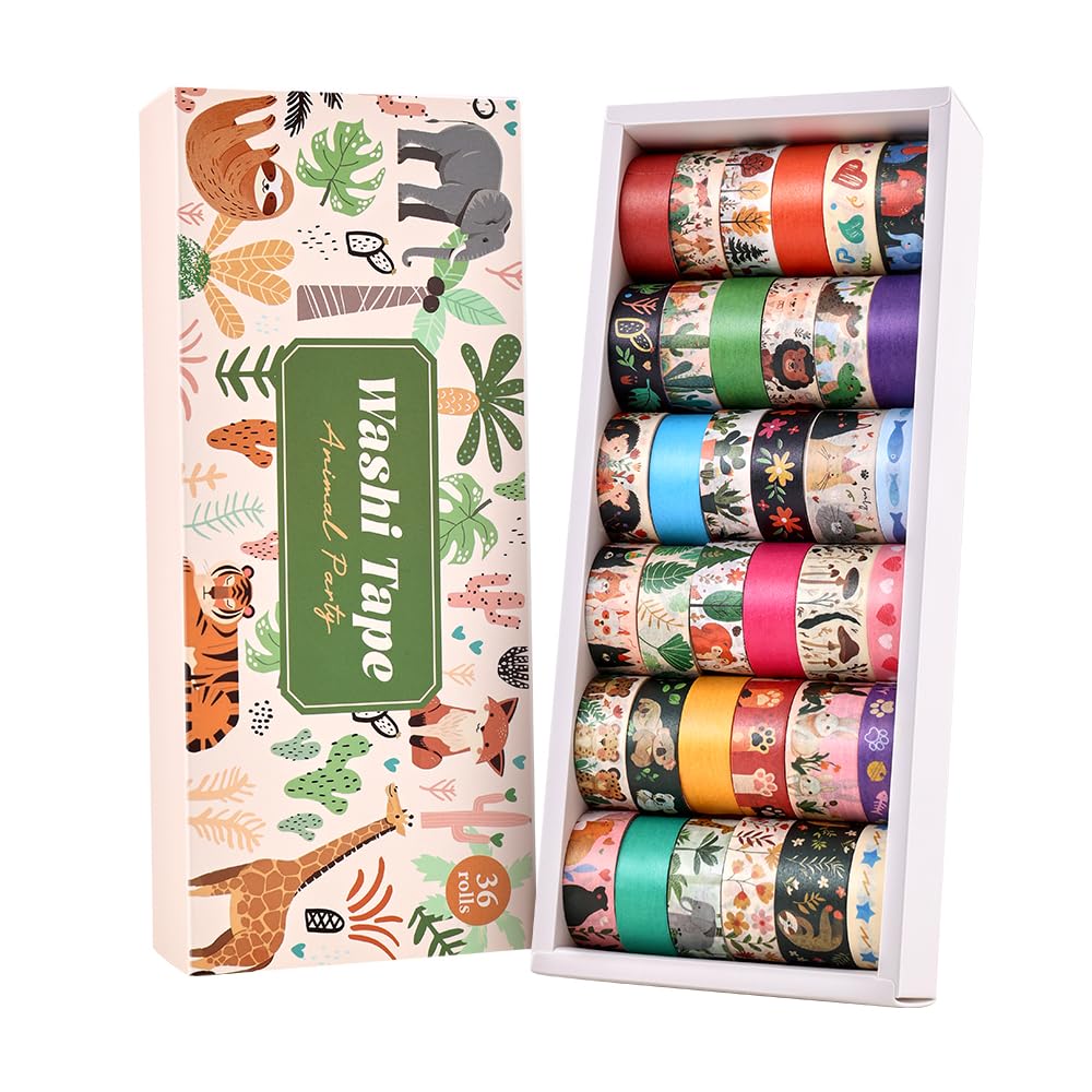 icceemee 36 Rolls Animal Theme Washi Tape Set, Colorful Cute Adorable Animals Writable Decorative