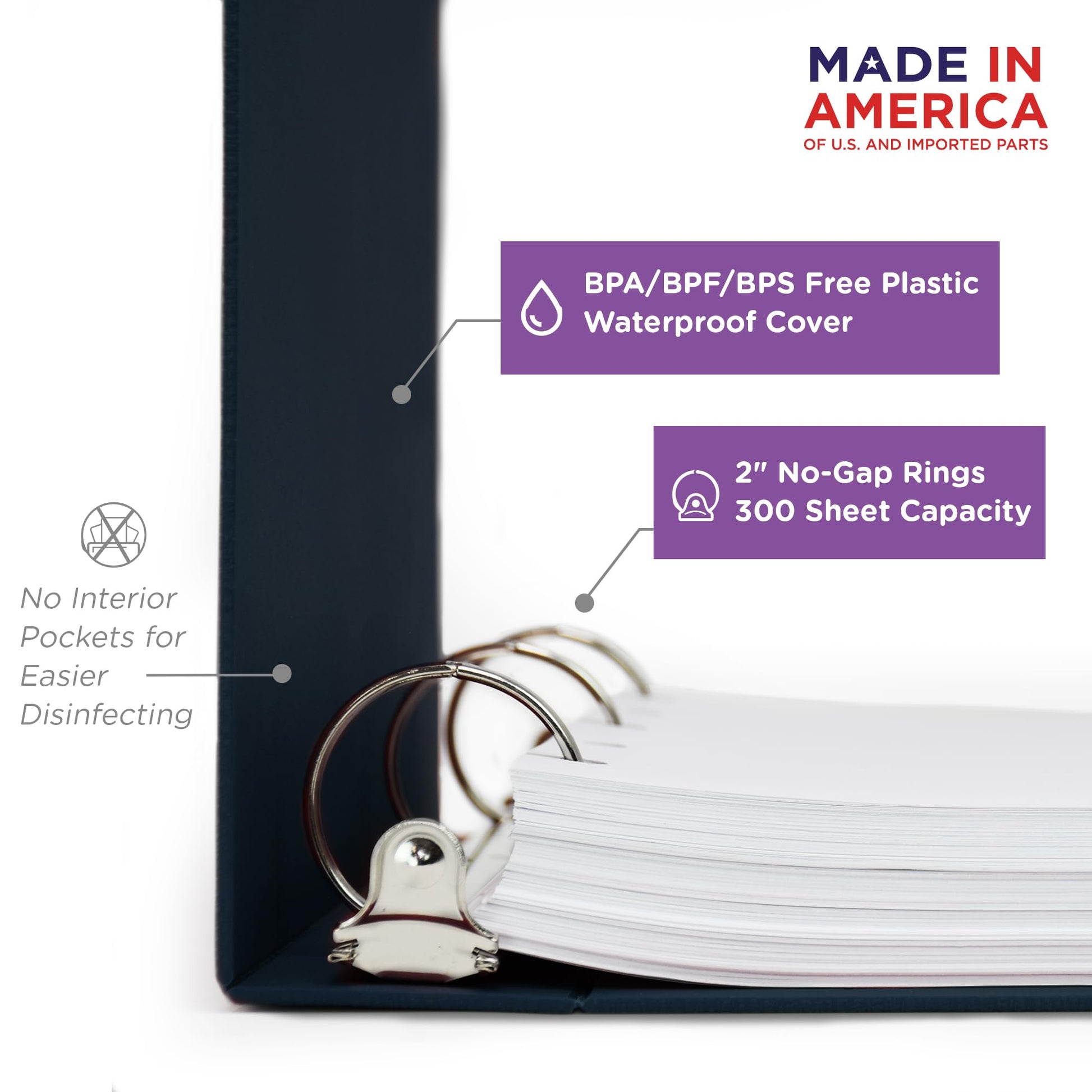 Carstens 2-Inch Heavy Duty 3-Ring Binder - Side Opening, Navy Blue, Durable Plastic, Precision