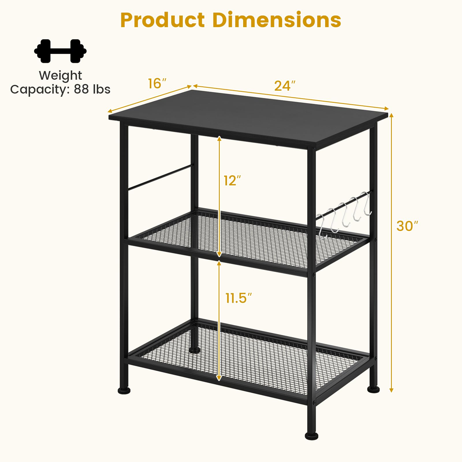 Giantex 3-Tier Small Bakers Rack with Storage Open Shelf, Microwave Cart with Wheels, Industrial