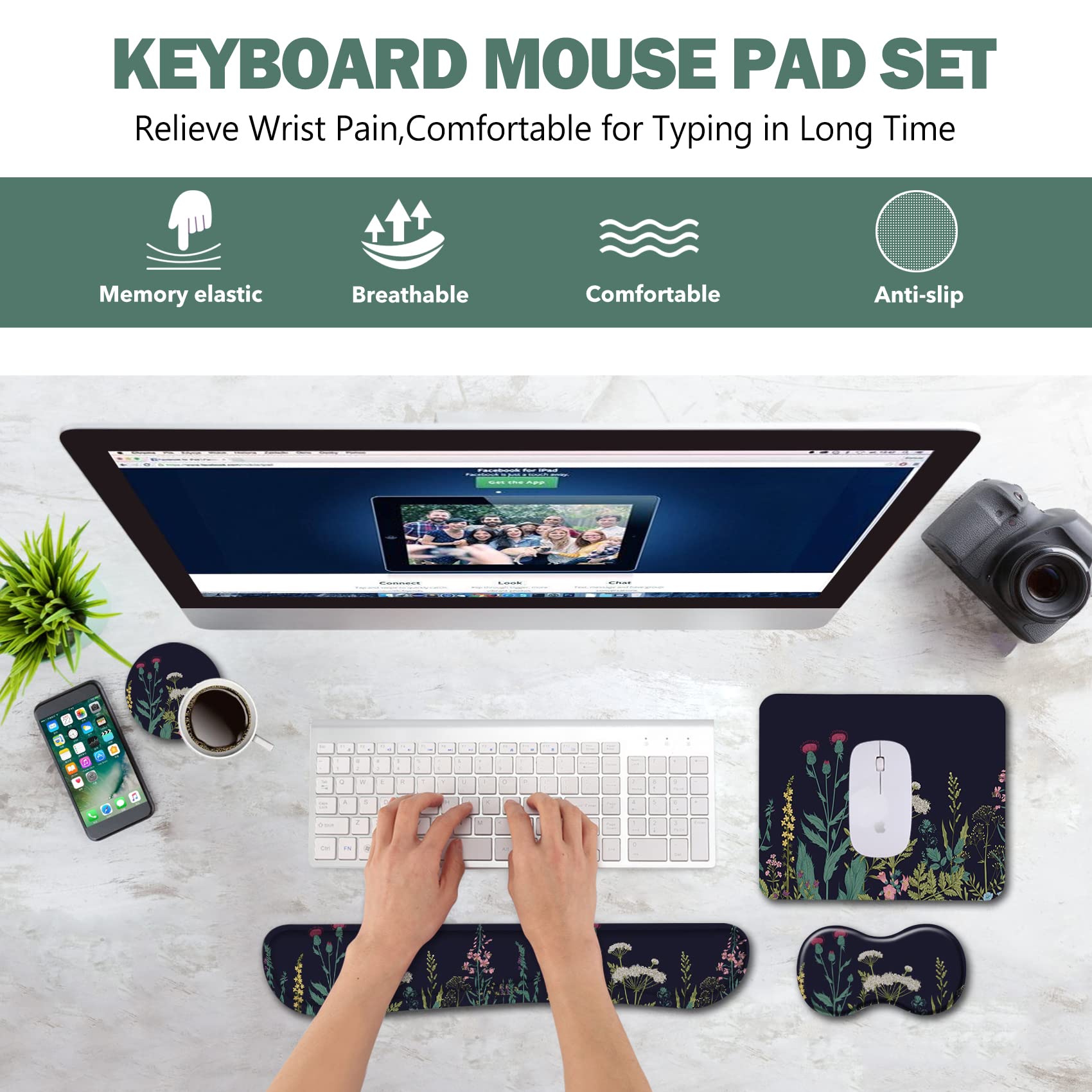 AIMSA Keyboard Wrist Rest Support + Mouse Pad + Mouse Wrist Rest + Coaster, Ergonomic Memory Foam