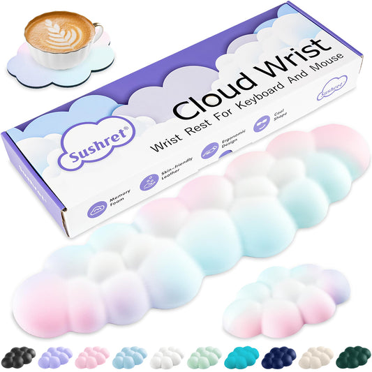 Sushret Cloud Wrist Rest Keyboard, Cloud Keyboard Wrist Pad Set with PU Leather Memory Foam, Cute