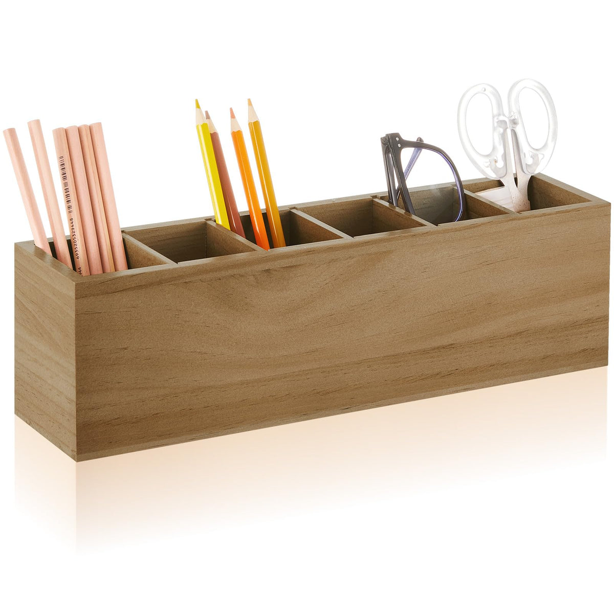 Jetec Wooden Pencil Pen Holder for Desk, Wood Color, 6 Compartments