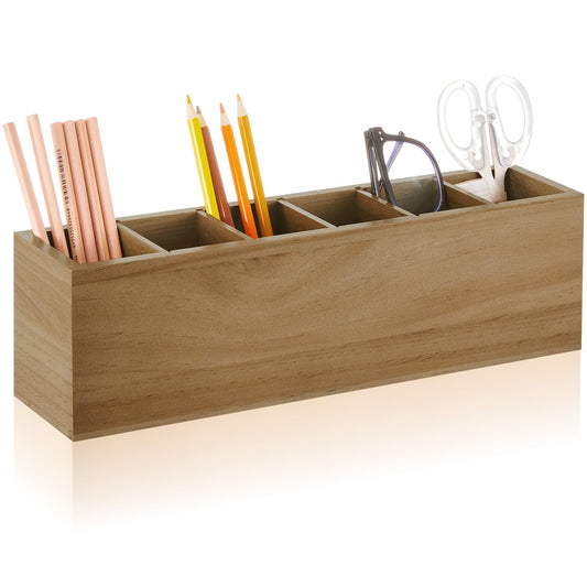 Jetec Wooden Pencil Pen Holder for Desk, Wood Color, 6 Compartments