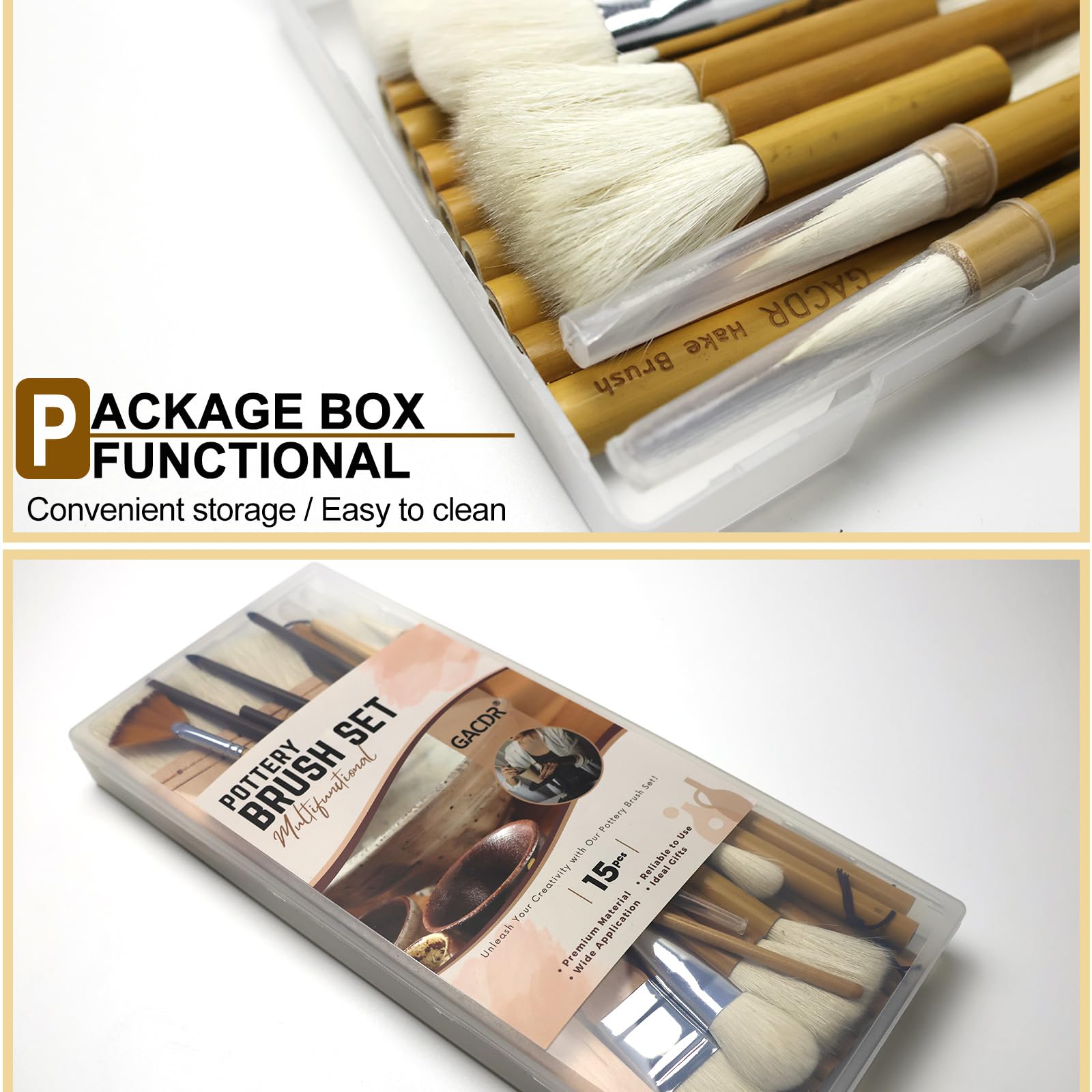 Pottery Brush Set, 15PCS Ceramic Glaze Brushes with Hake Brushes & Storage