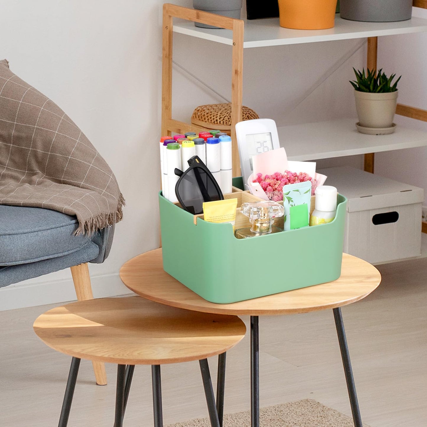 Segarty Green Remote Control Holder, Detachable Divided Bamboo Desk Organizer Caddy, Desktop