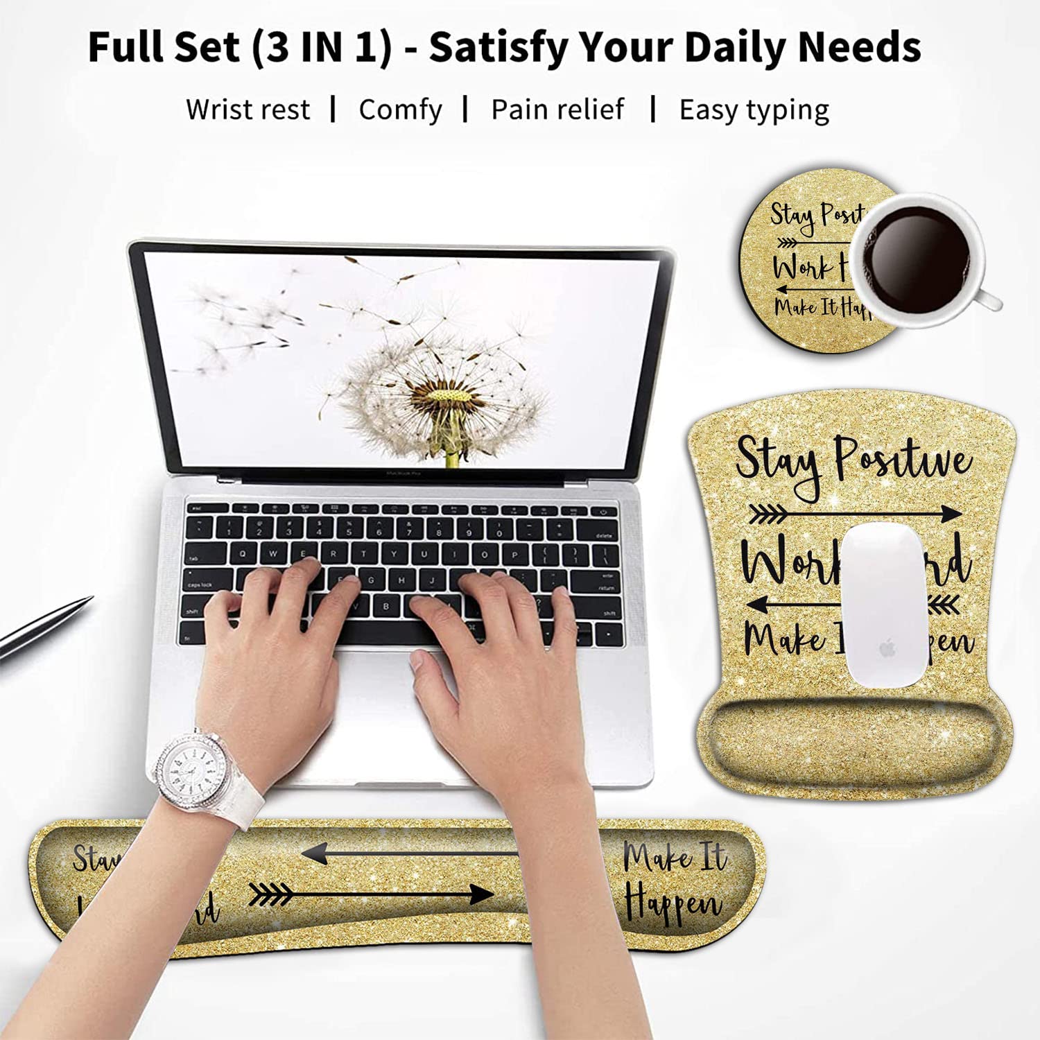 Keyboard Wrist Rest and Mouse Pad Wrist Support Set,Stay Positive Work Hard and Make It Happen Gold